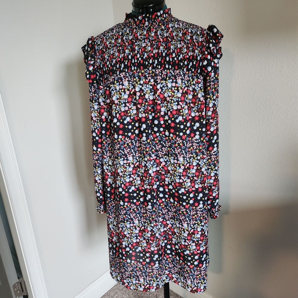 Nanette Lepore VTG Floral Dress Sz 8 Smocked Mock Neckline Ditsy Print on Black